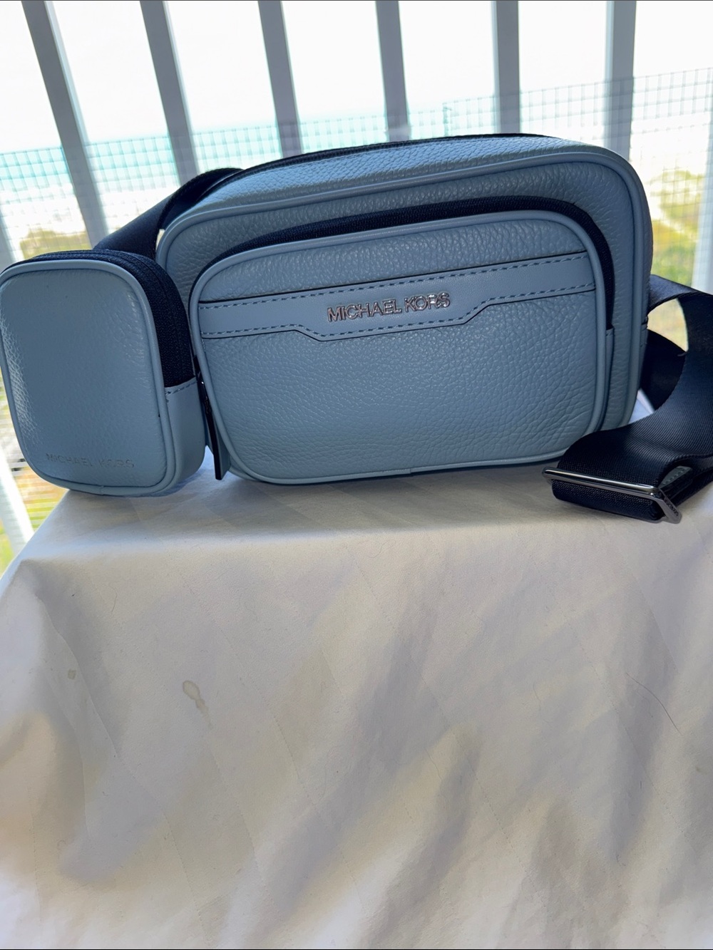 NWT - Michael Kors Light Blue Leather camera bag with side Pouch.